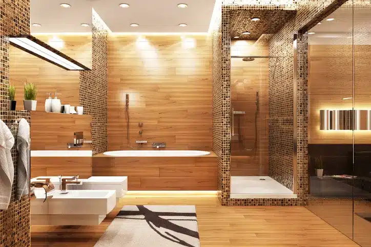 modern bathroom with wooden finish