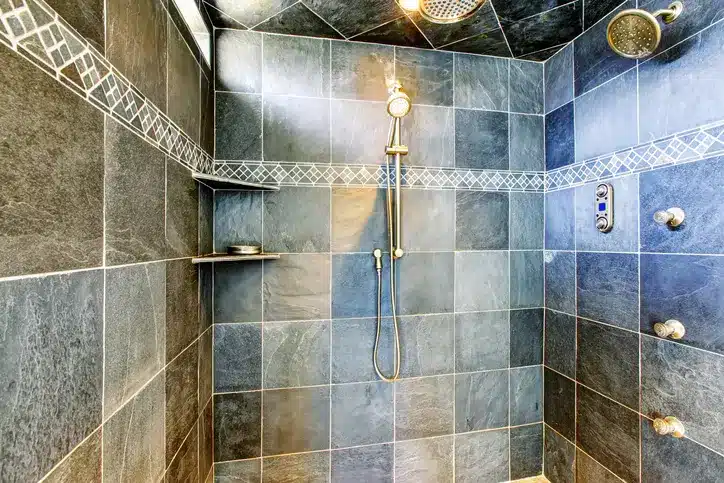 blue and grey shower tile